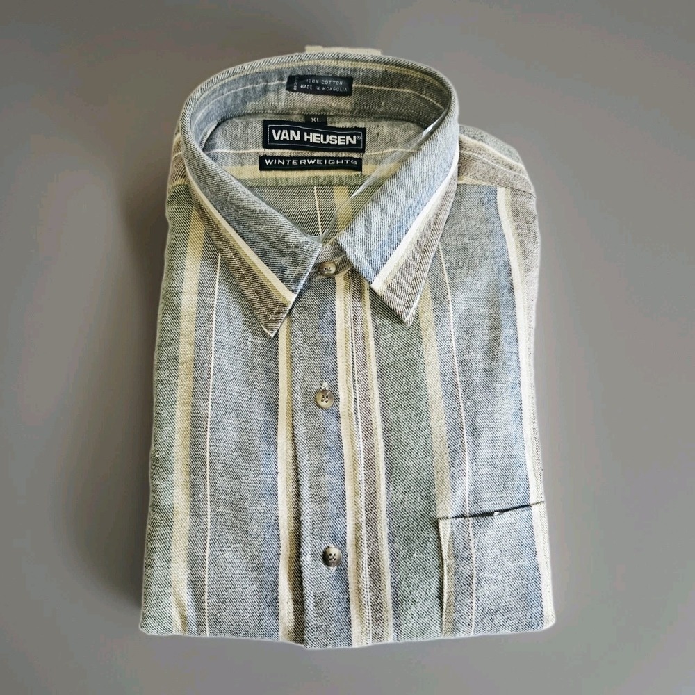 NEW Van Heusen WinterWeights Shirt Men's Size XL Green Gray‎ Striped Long Sleeve